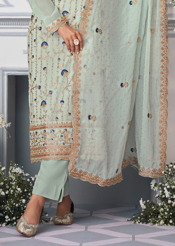 Coral Blue Organza Silk Embroidered Salwar Suit
