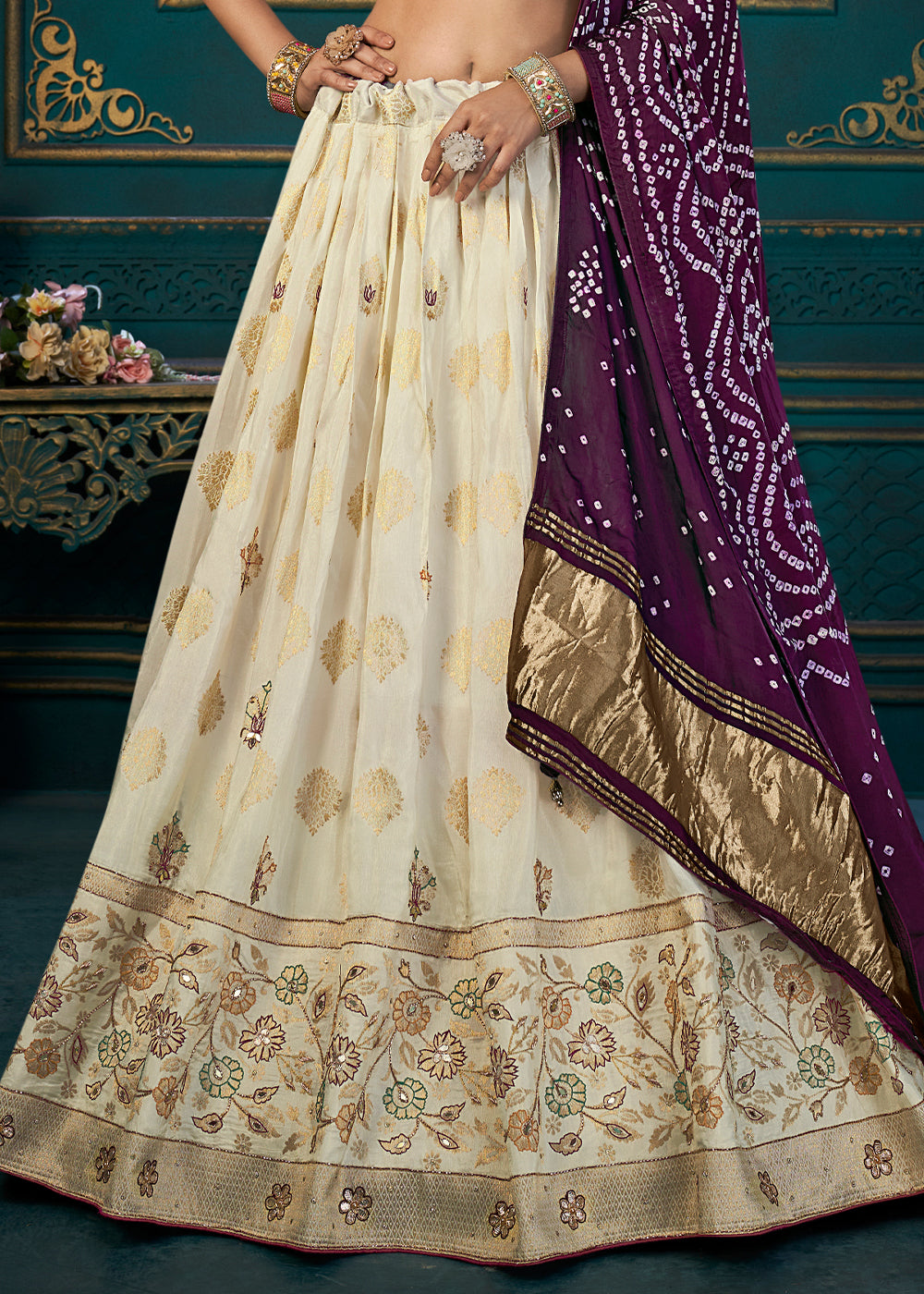 White & Purple Dola Silk Lehenga Choli with Thread & Khatli work