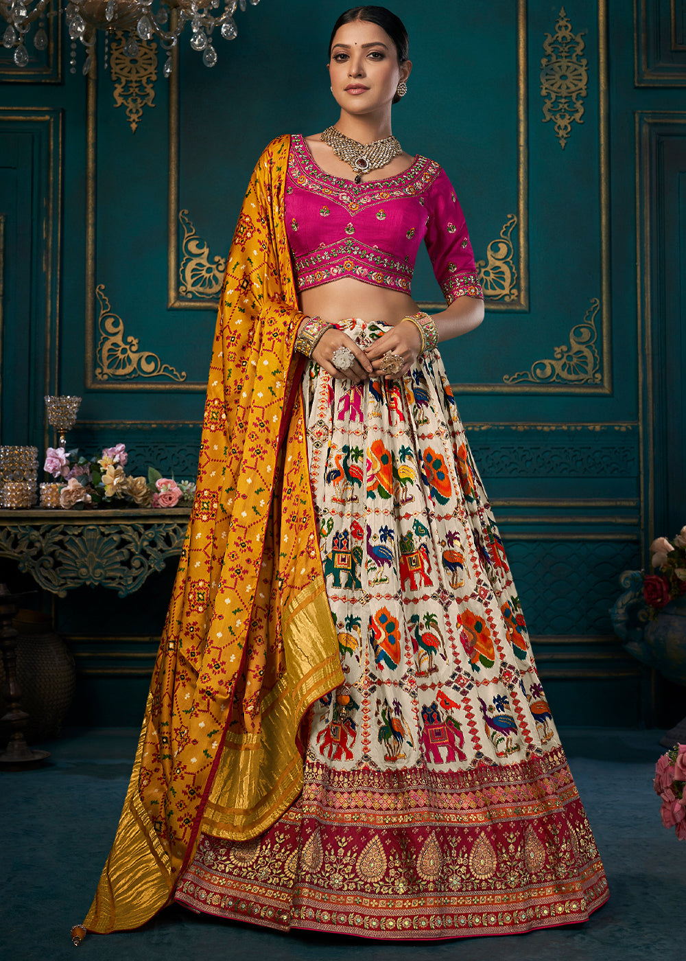 Multicolored Dola Silk Lehenga Choli with Thread & Khatli work