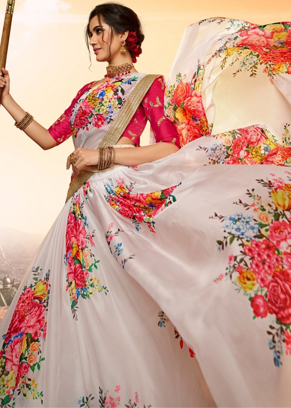 Off-White Pure Organza Designer Printed Floral Lehenga Choli with Sequins and Zari work