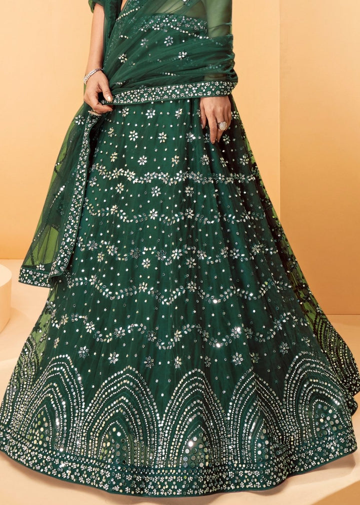 Kaitoke Green Net Lehenga Choli with Thread Embroidery,Mirror & Zarkan work
