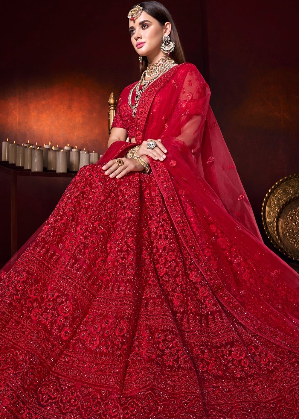 Scarlet Red Net Lehenga Choli with Sequence and Thread work