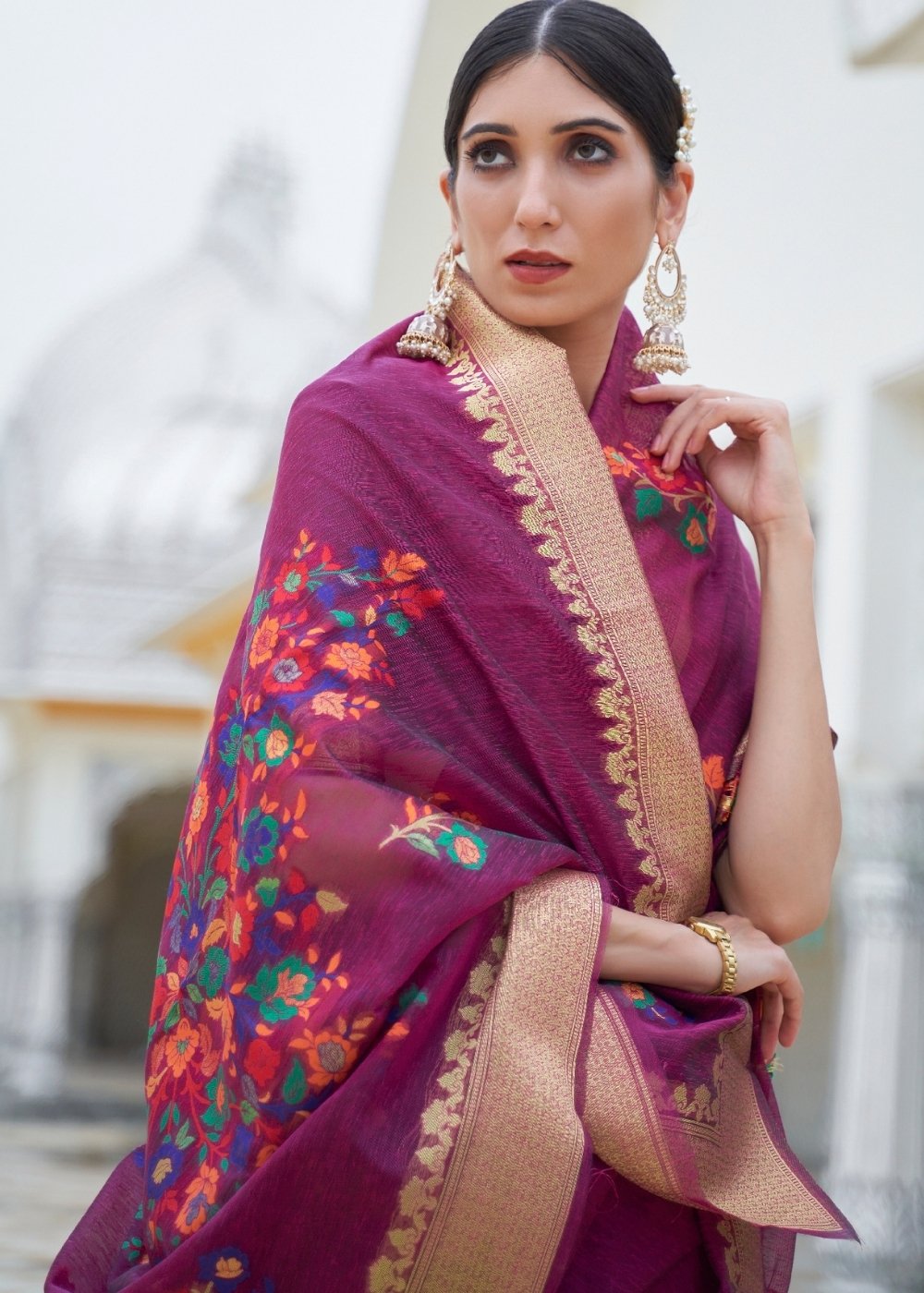 Magenta Purple Floral Embroidered Linen Silk Saree