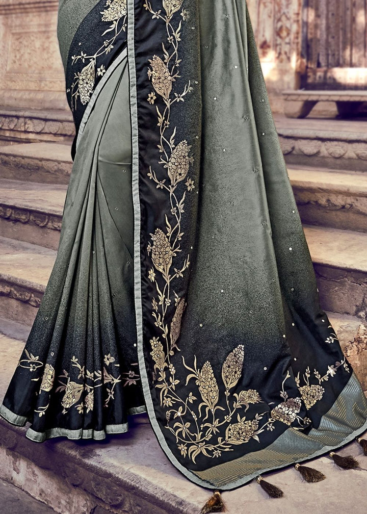 Pebble Black Banarasi Silk Saree with Embroidered Silk Blouse