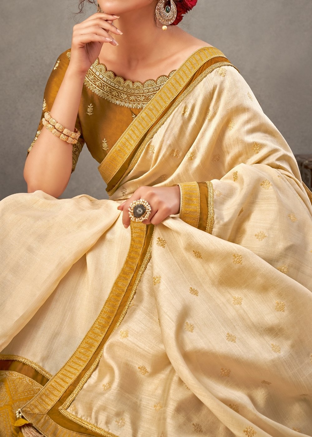 Off White Tussar Silk Saree with Zari & Sequins Embroidery