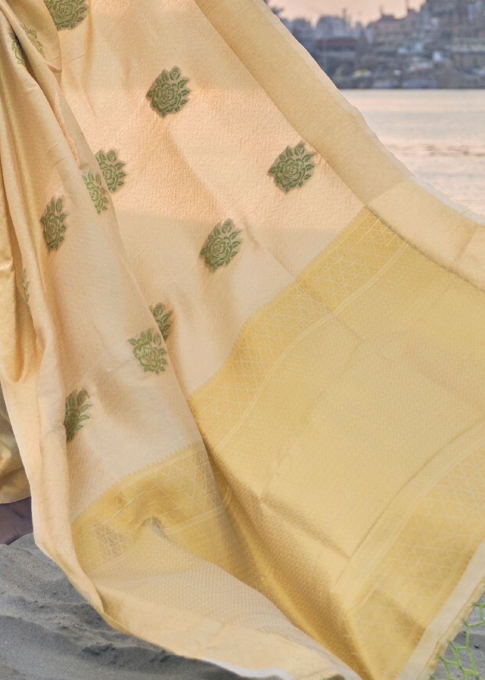 Saffron Yellow Linen Silk Saree with Zari Woven Butti overall