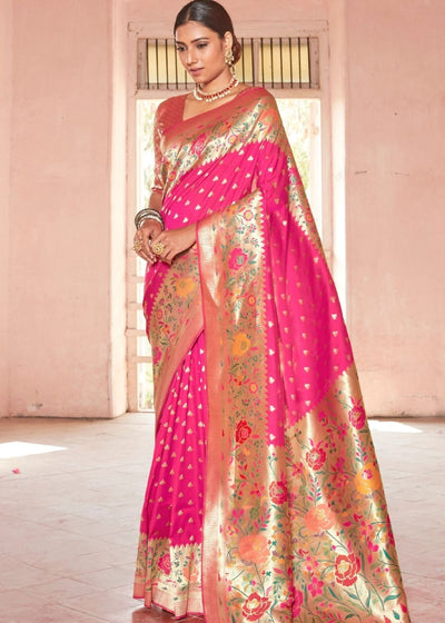 Cerise Pink Woven Paithani Silk Saree