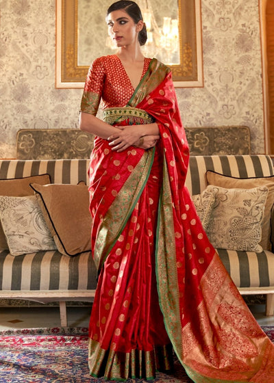 Carmine Red Woven Banarasi Tussar Silk Saree