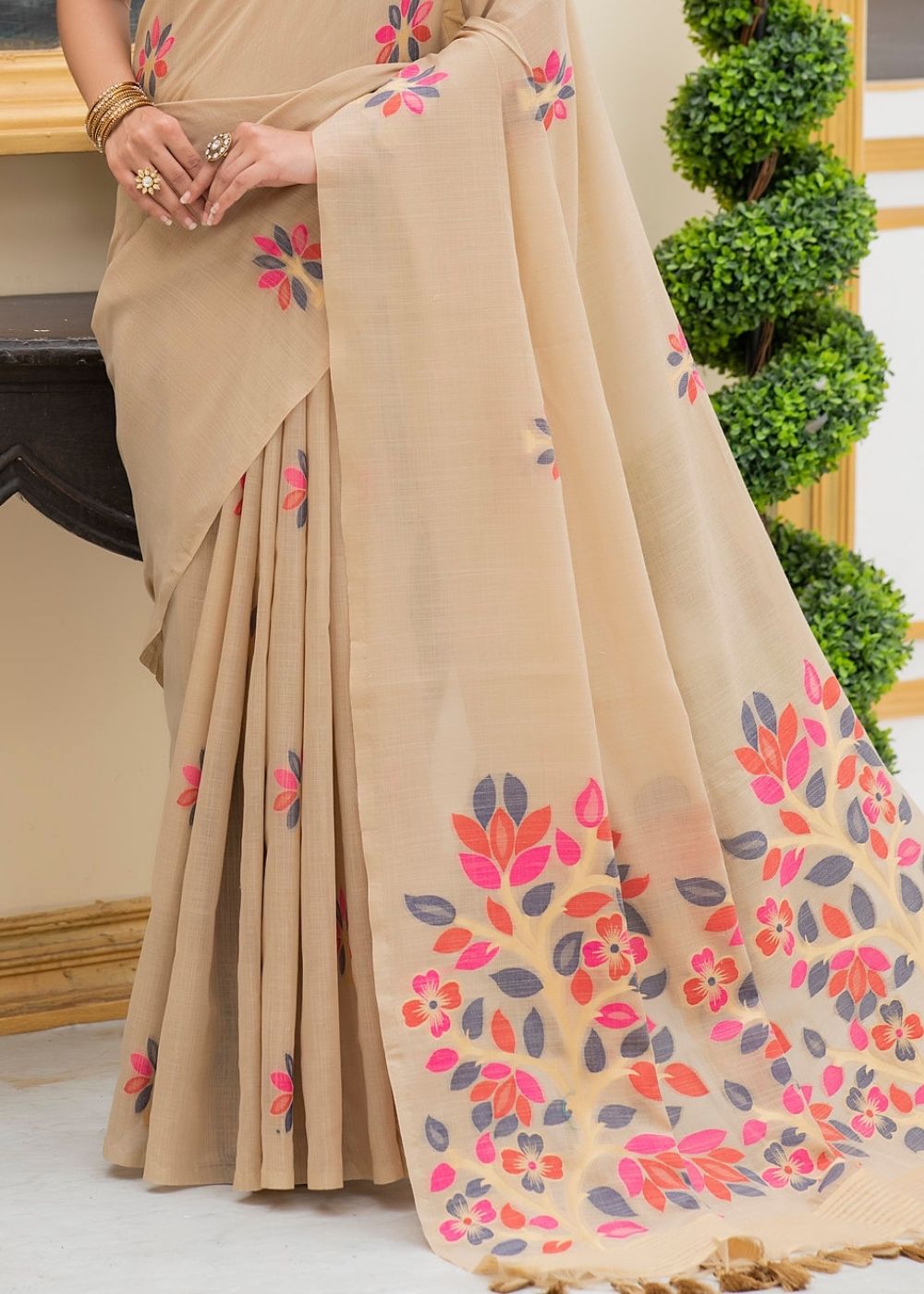 Tan Brown Floral Printed Linen Saree
