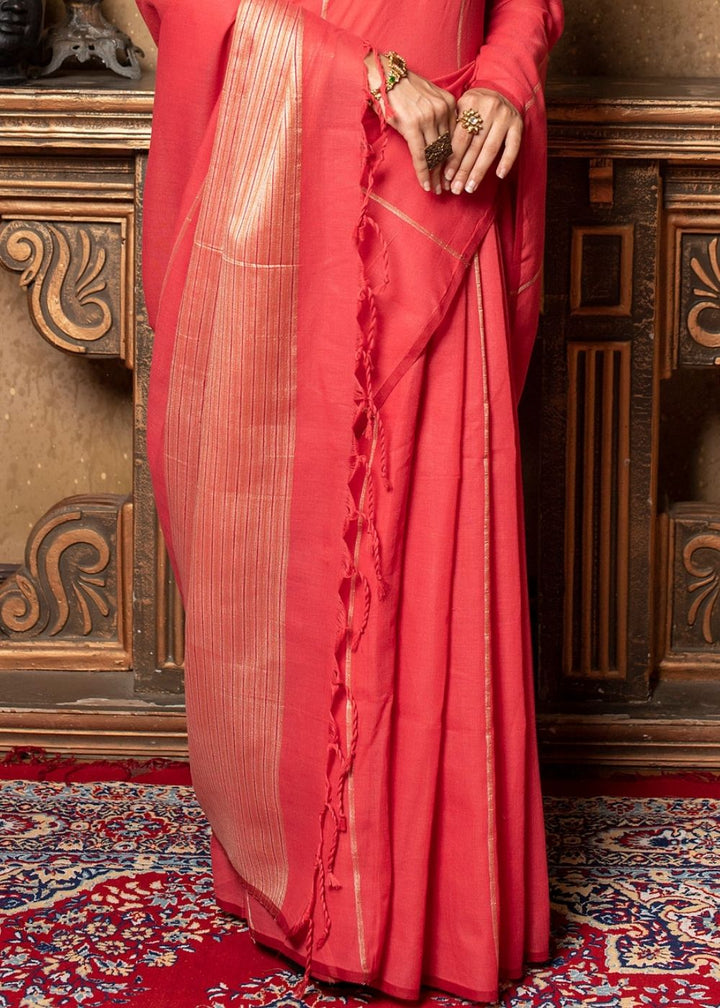 Blush Red Zari Woven Linen Saree