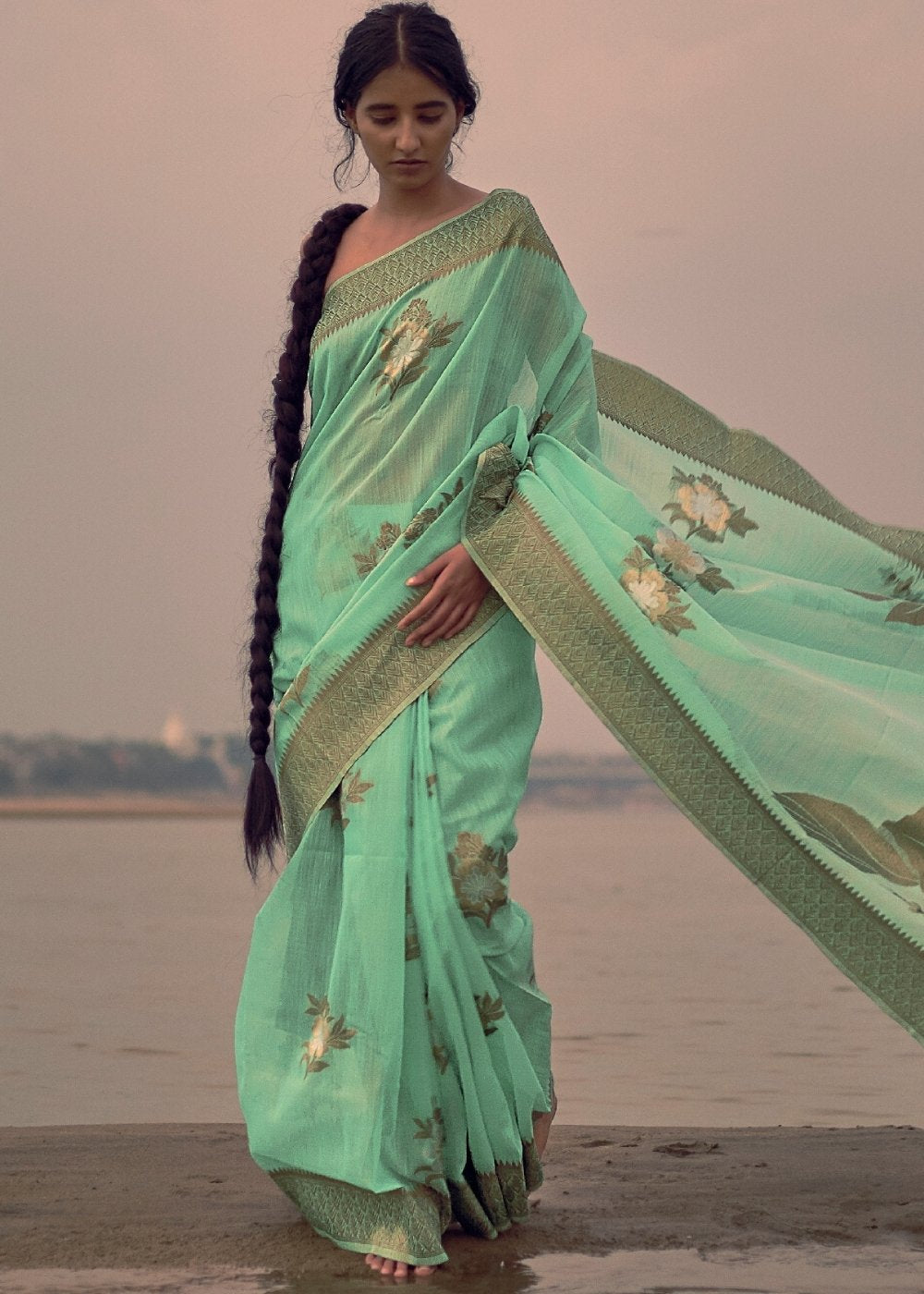 Mint Green Woven Linen Silk Saree with Floral Motif on Pallu and Border