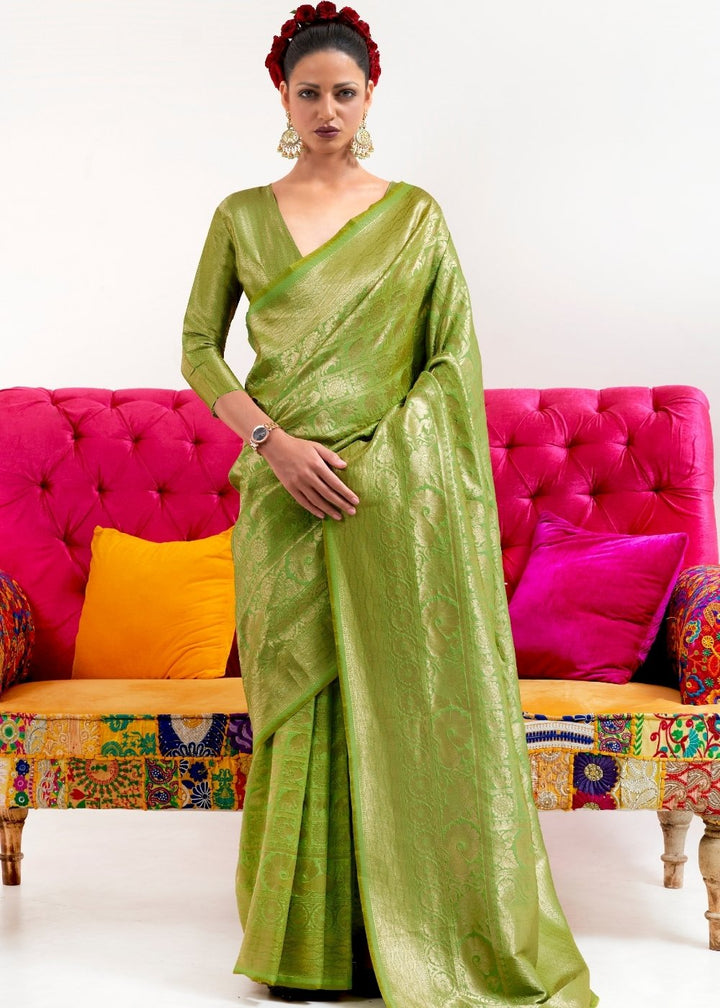 Kelly Green and Golden Blend Woven Kanjivaram Silk Saree