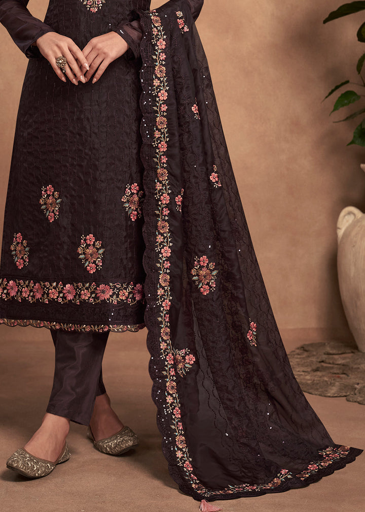 Dark Chocolate Brown Organza Salwar Suit with Embroidery Work