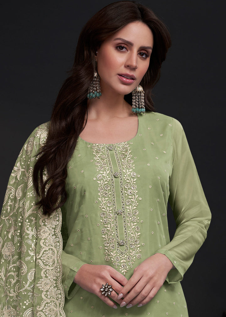 Pastel Green Designer Organza Salwar Suit with Embroidery Work