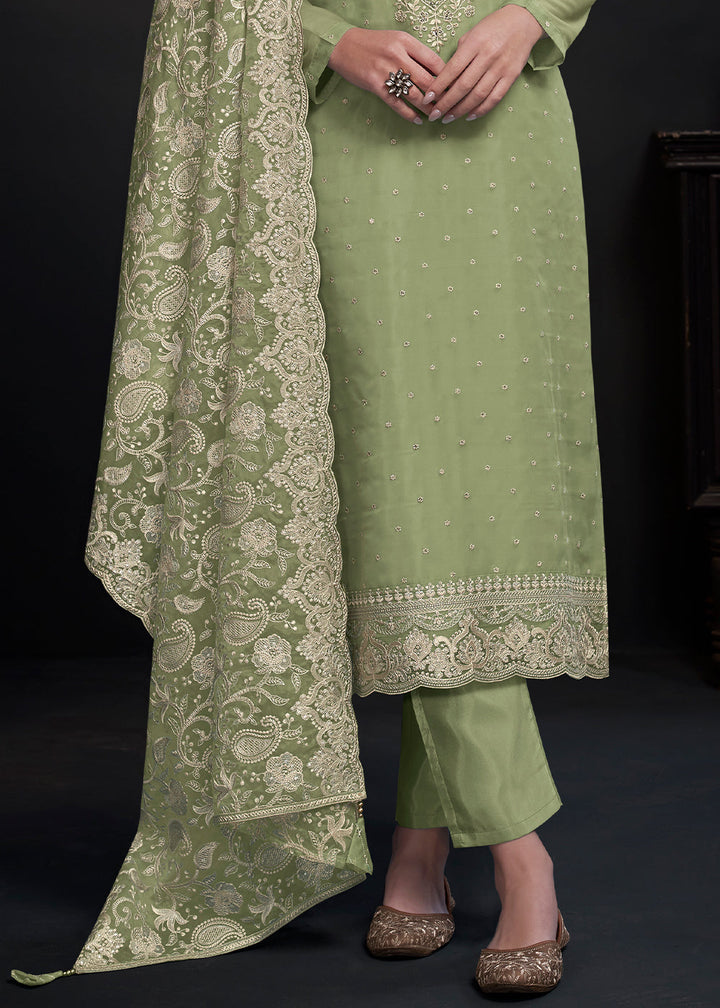 Pastel Green Designer Organza Salwar Suit with Embroidery Work