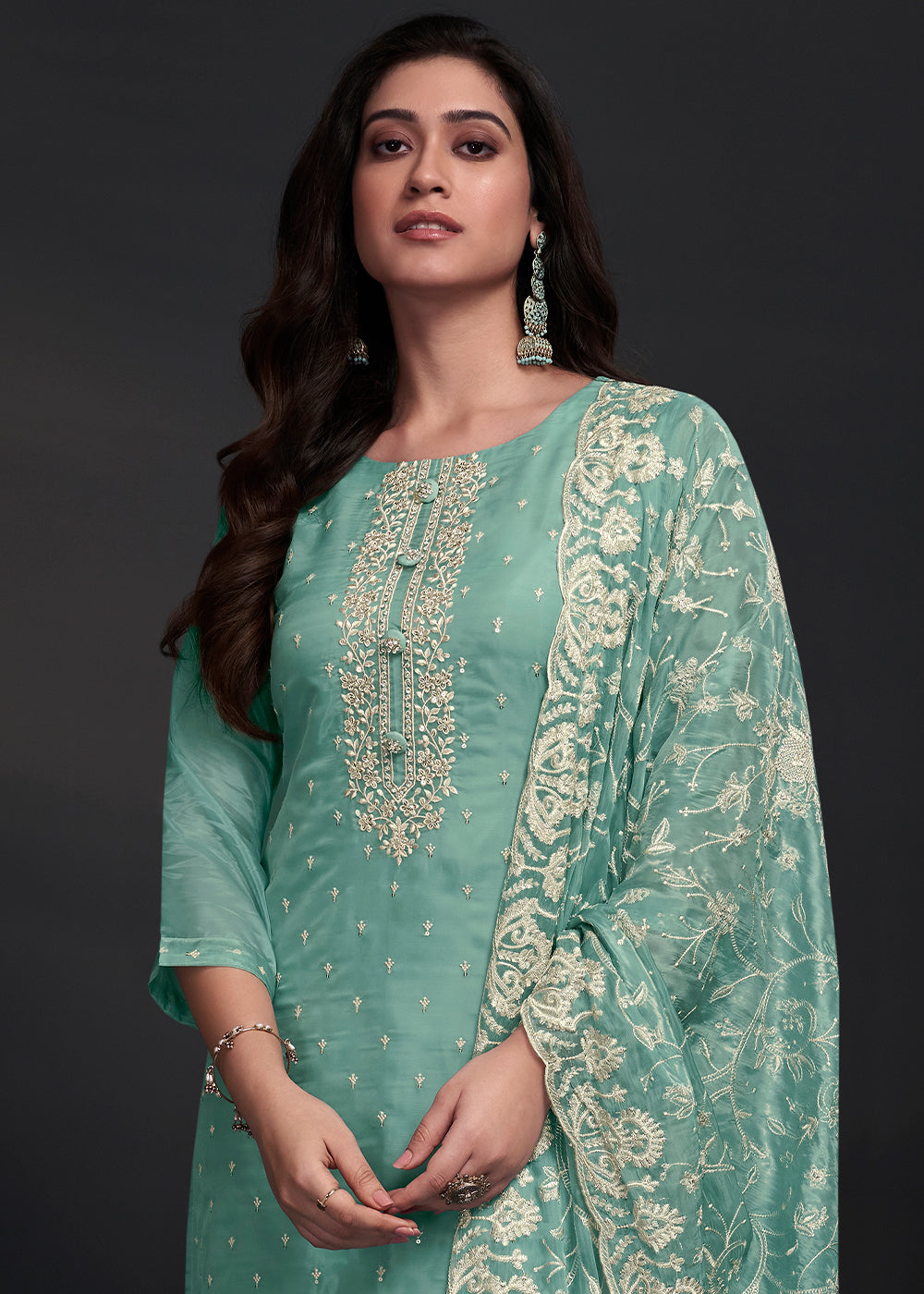 Turquoise Blue Designer Organza Salwar Suit with Embroidery Work