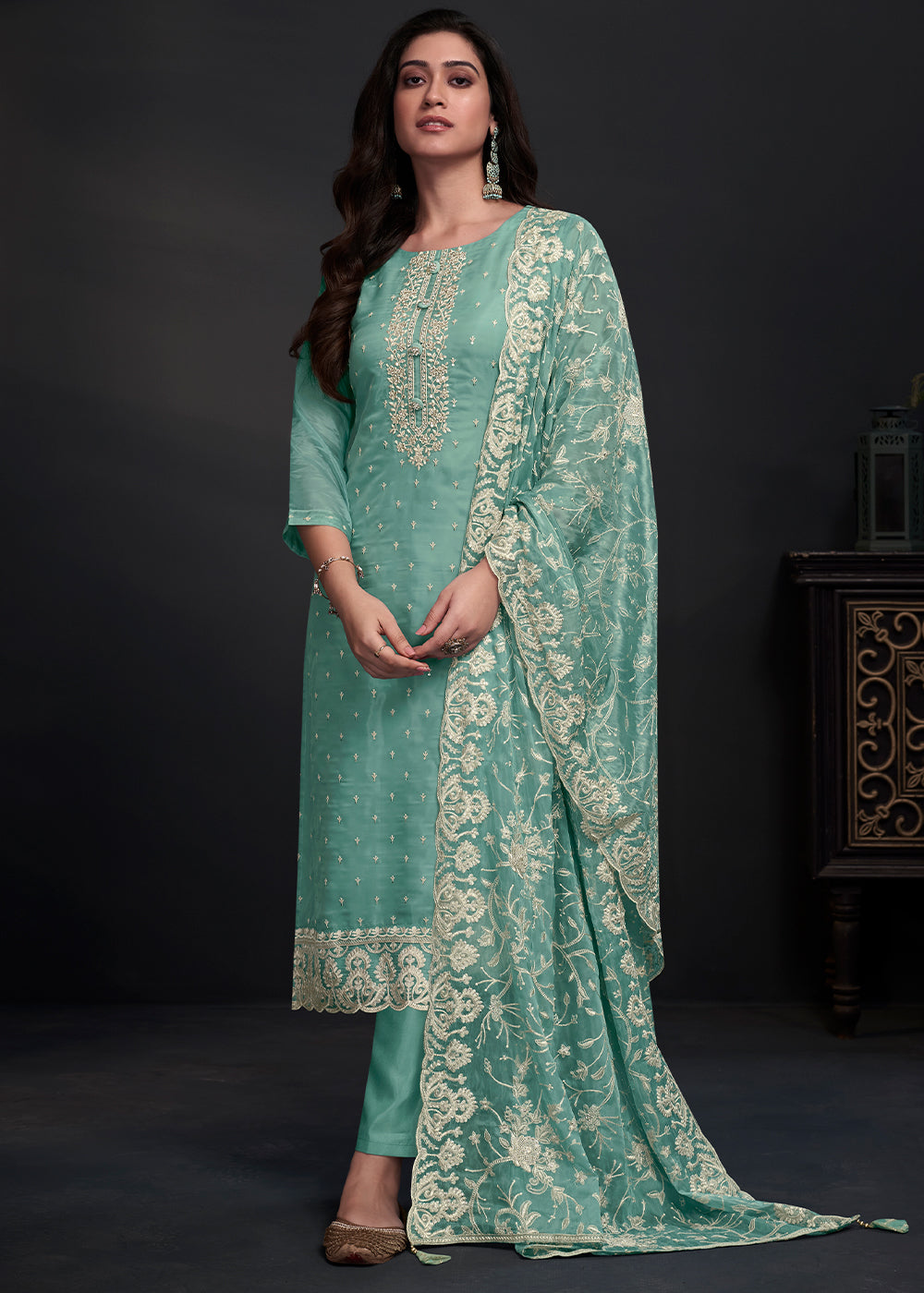 Turquoise Blue Designer Organza Salwar Suit with Embroidery Work