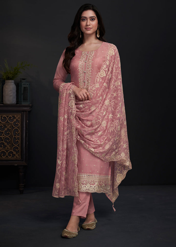 Rose Pink Designer Organza Salwar Suit with Embroidery Work