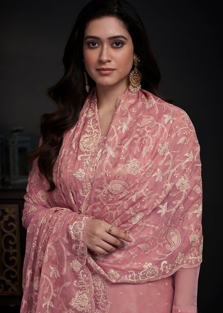 Rose Pink Designer Organza Salwar Suit with Embroidery Work