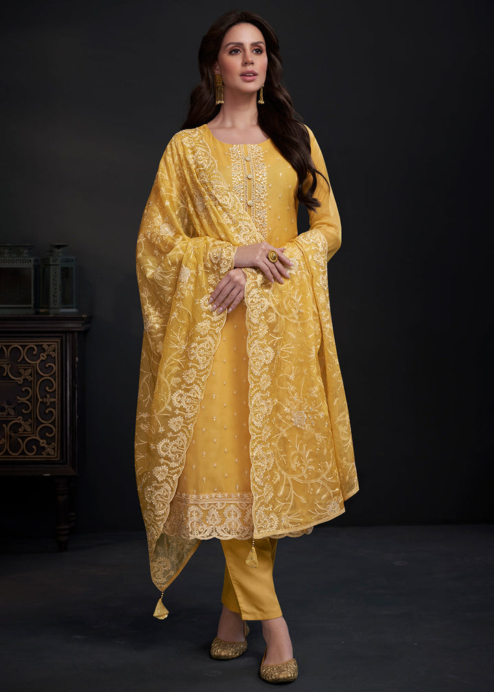 Tuscany Yellow Designer Organza Salwar Suit with Embroidery Work