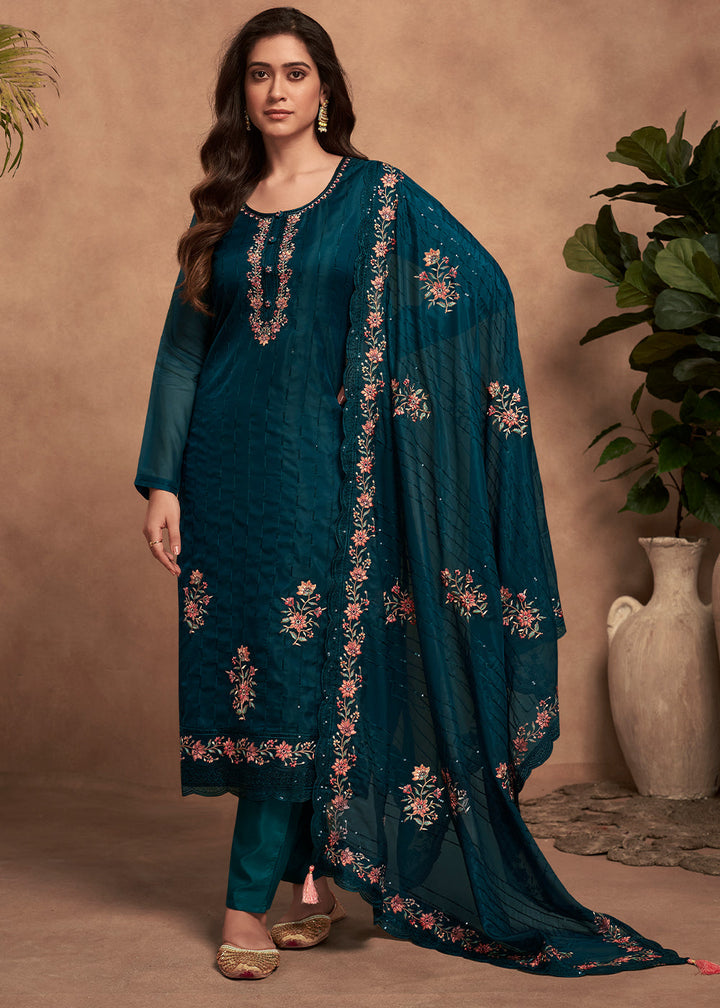 Prussian Blue Designer Organza Salwar Suit with Embroidery Work