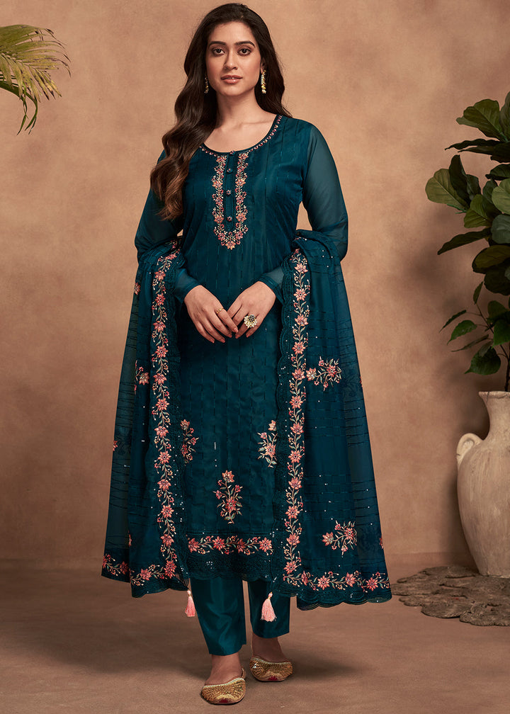 Prussian Blue Designer Organza Salwar Suit with Embroidery Work