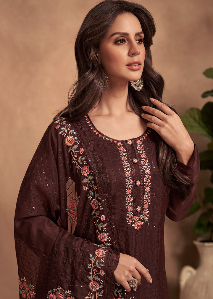 Syrup Brown Designer Organza Salwar Suit with Embroidery Work