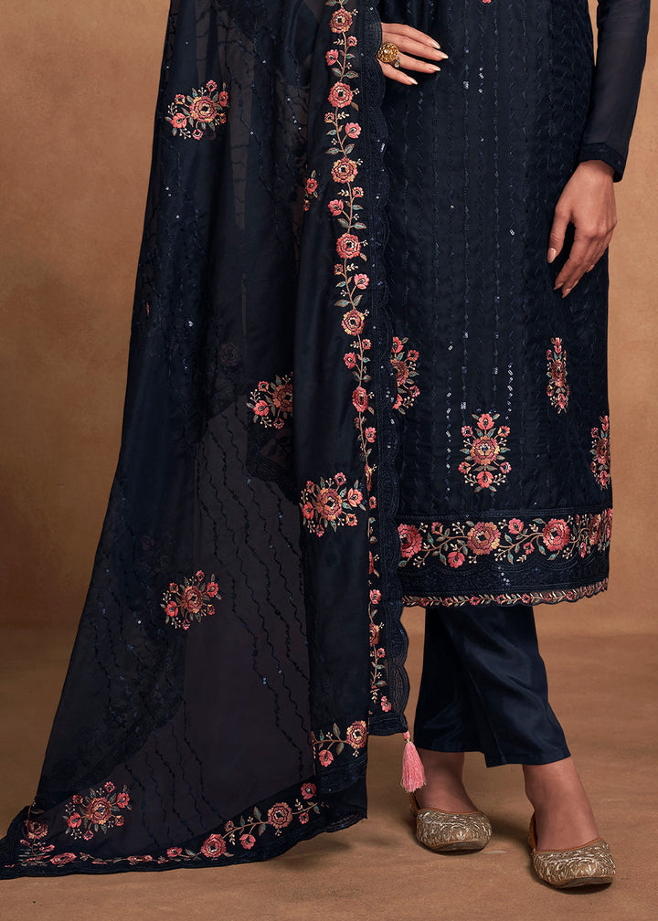 Denim Blue Designer Organza Salwar Suit with Embroidery Work