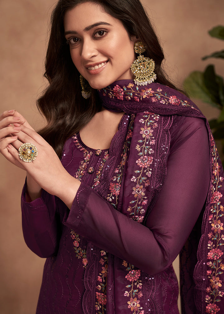 Mitten Purple Designer Organza Salwar Suit with Embroidery Work