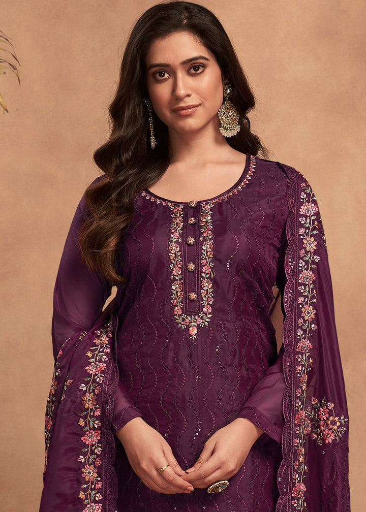 Mitten Purple Designer Organza Salwar Suit with Embroidery Work