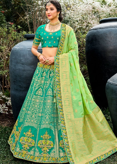 Turquoise Green Banarasi Silk Lehenga Choli