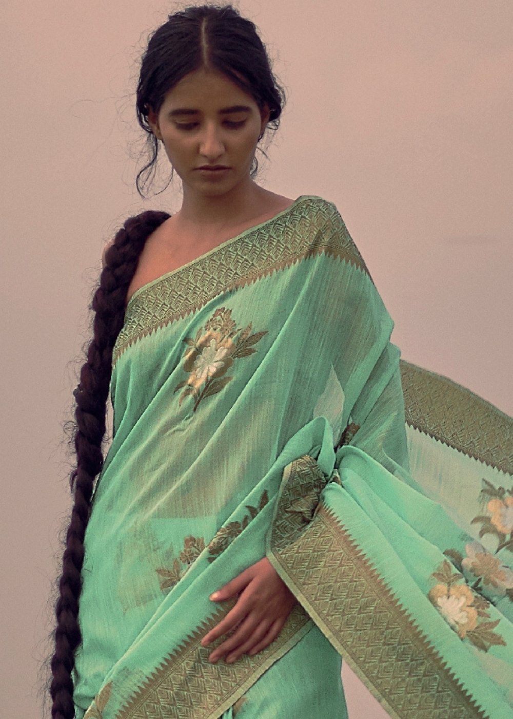 Mint Green Woven Linen Silk Saree with Floral Motif on Pallu and Border