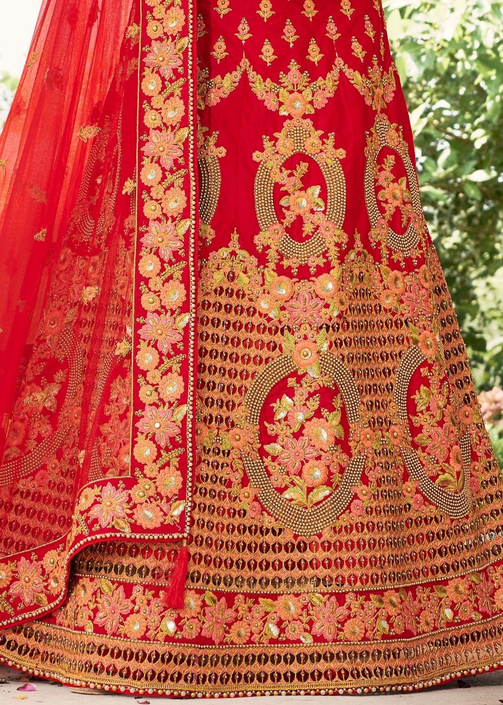 Rose Red Silk Bridal Lehenga Choli with Heavy Thread Embroidery and Stone work