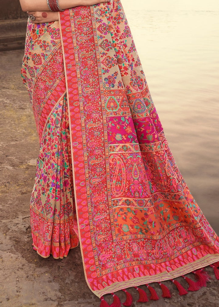 Light Tussar Brown Banarasi Kora Silk Saree with Pashmina Weaving & Zari Border Pallu