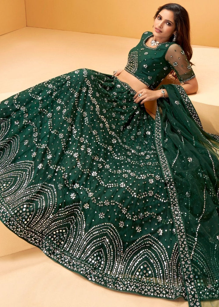 Kaitoke Green Net Lehenga Choli with Thread Embroidery,Mirror & Zarkan work