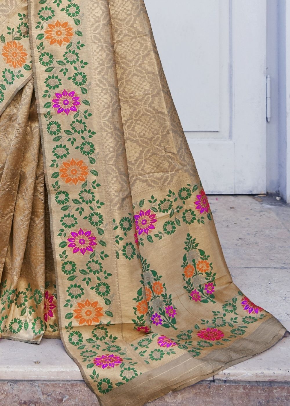 Cedar Brown and Golden Blend Silk Saree with Floral Woven Border and Pallu
