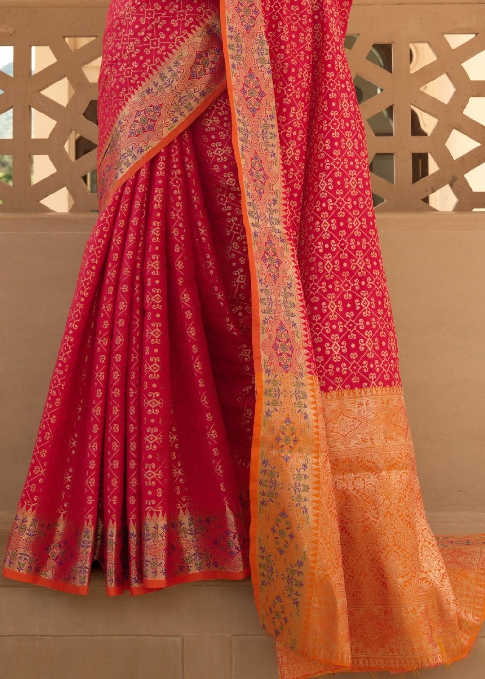 Cerise Pink Woven Soft Banarasi Silk Saree with Contrast Pallu & Blouse