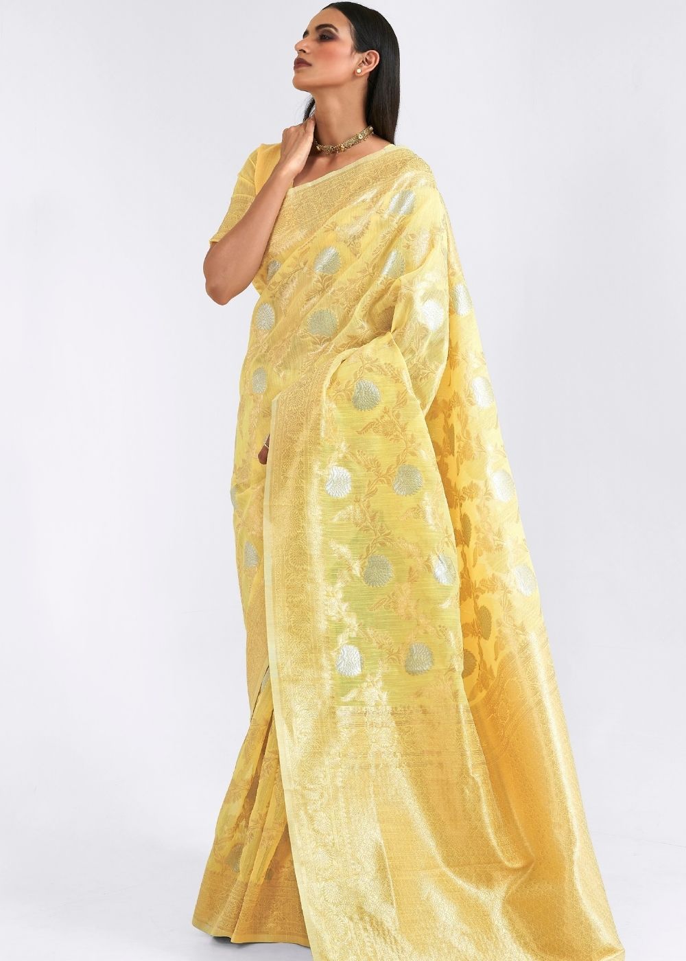 Pineapple Yellow Zari Woven Linen Silk Saree