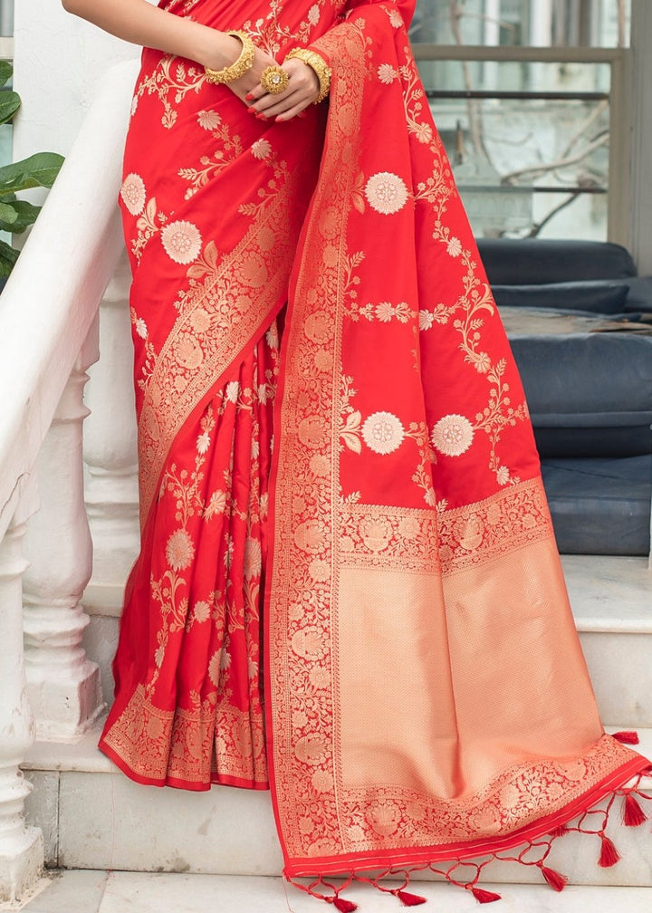 Imperial Red Soft Banarasi Silk Saree with Floral Zari work