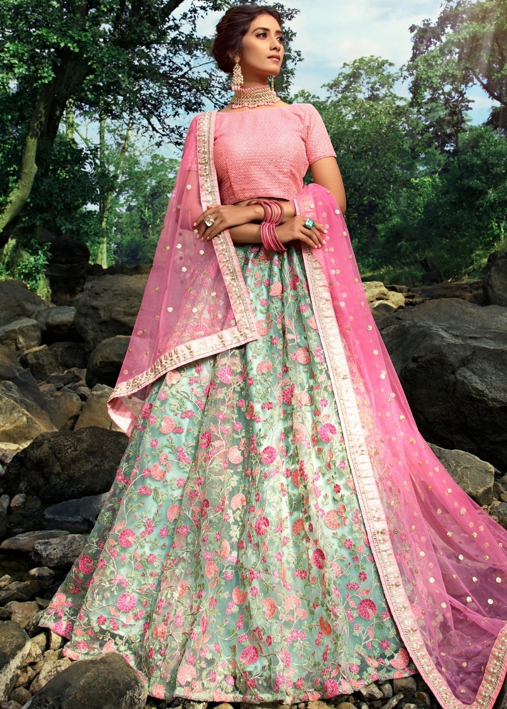 Pista Green & Pink Designer Soft Net Lehenga Choli with Sequins, Thread & Zari work