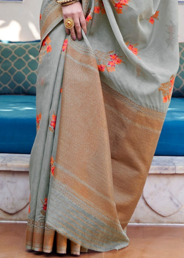 Metal Gray Pure Linen Woven Silk Saree with Resham work