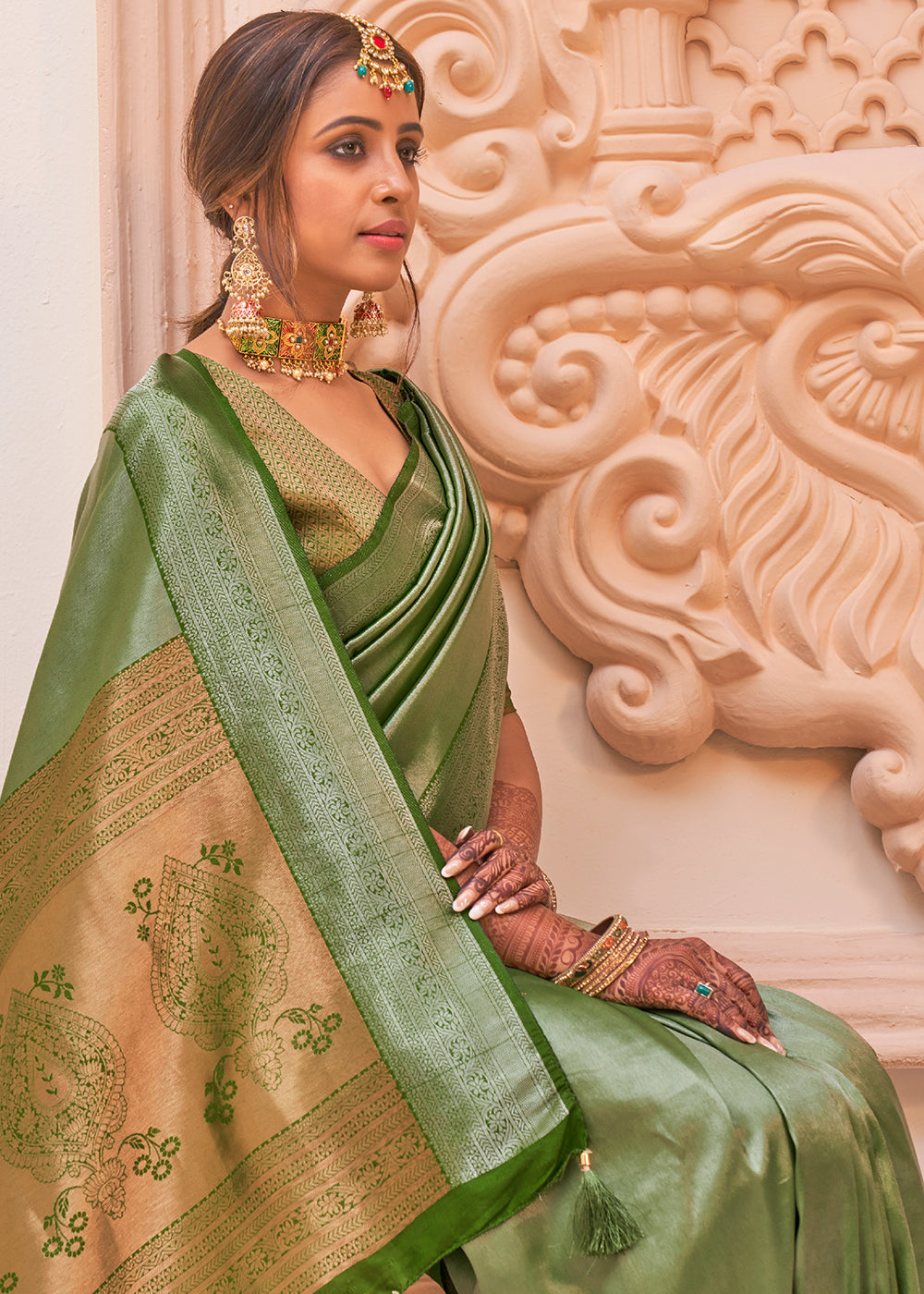 Pear Green Woven Designer Silk Saree