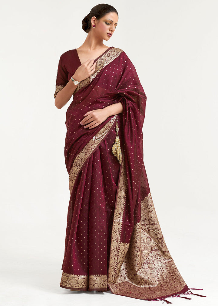 Mahagony Brown Woven Banarasi Silk Saree with overall Mukaish work