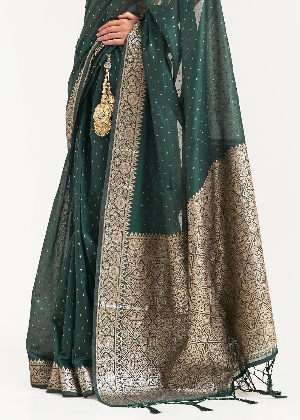 Castleton Green Woven Banarasi Silk Saree with overall Mukaish work
