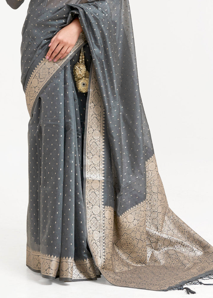 Steel Grey Woven Banarasi Silk Saree with overall Mukaish work
