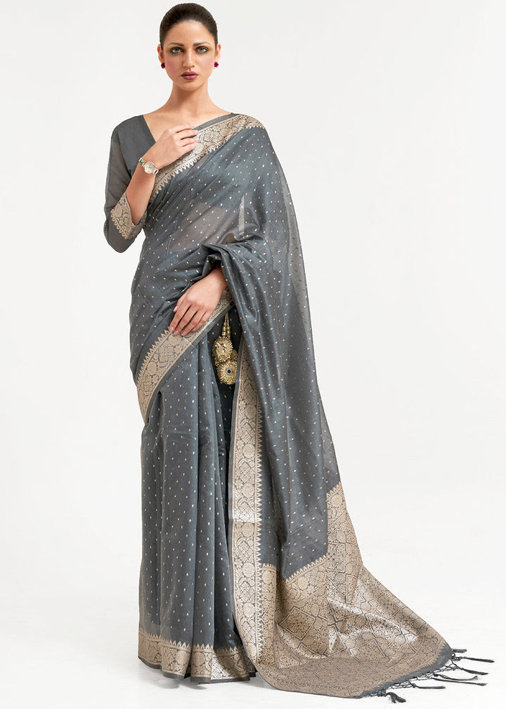 Steel Grey Woven Banarasi Silk Saree with overall Mukaish work