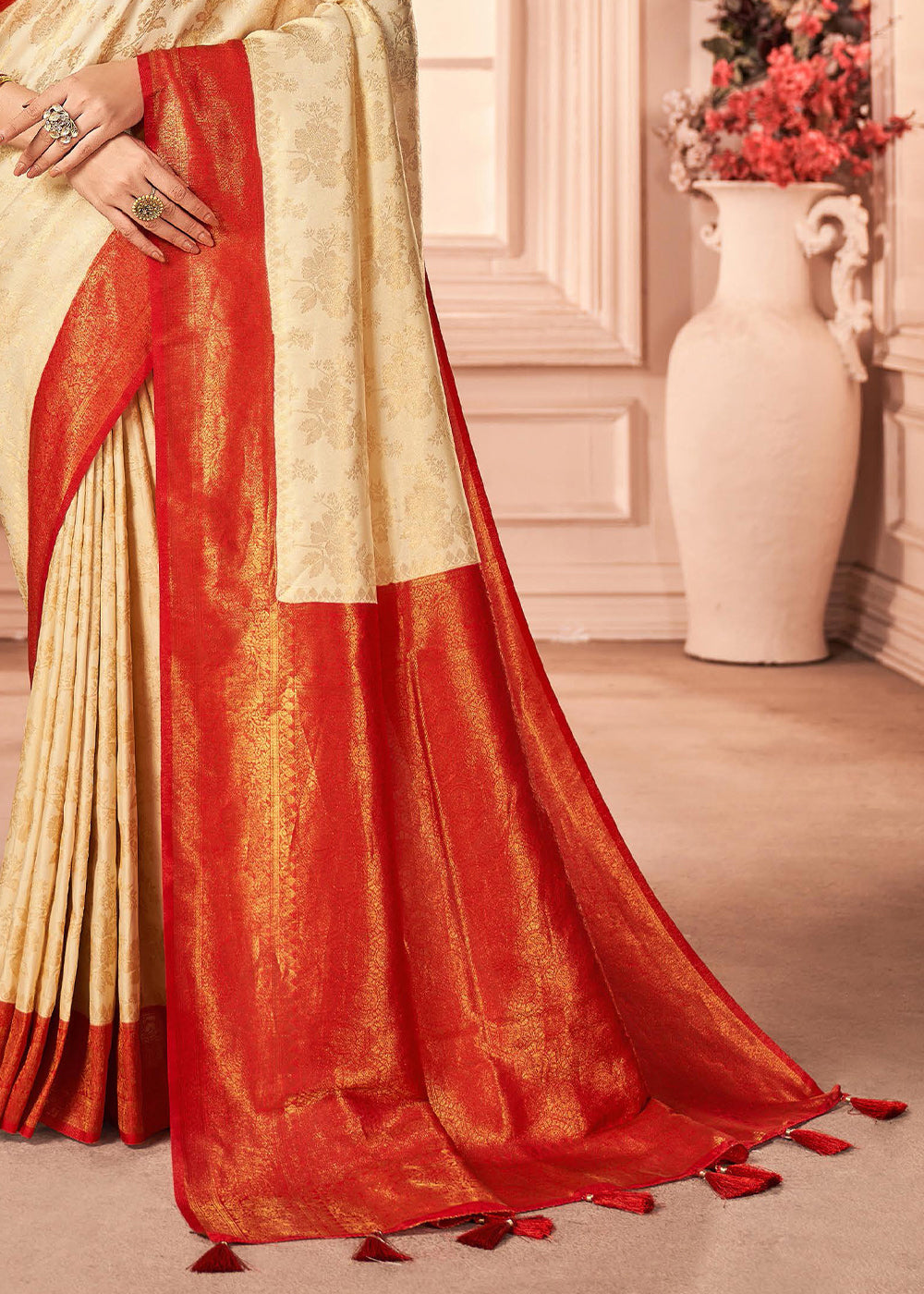 White & Red Zari Woven Designer Silk Saree