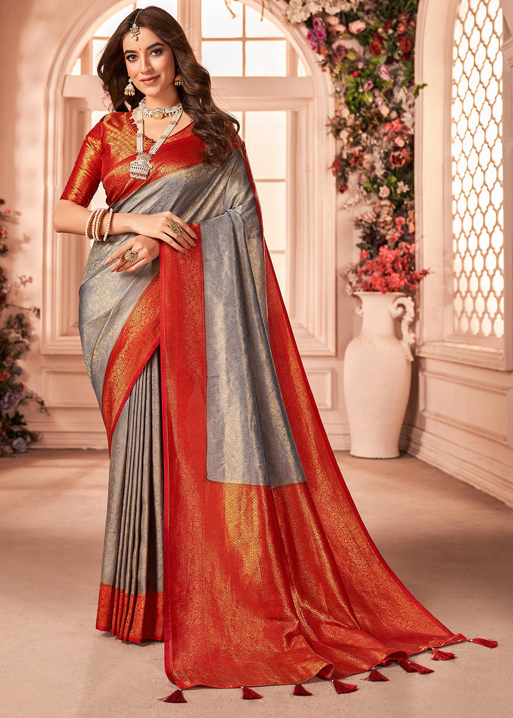 Grey & Red Zari Woven Designer Silk Saree