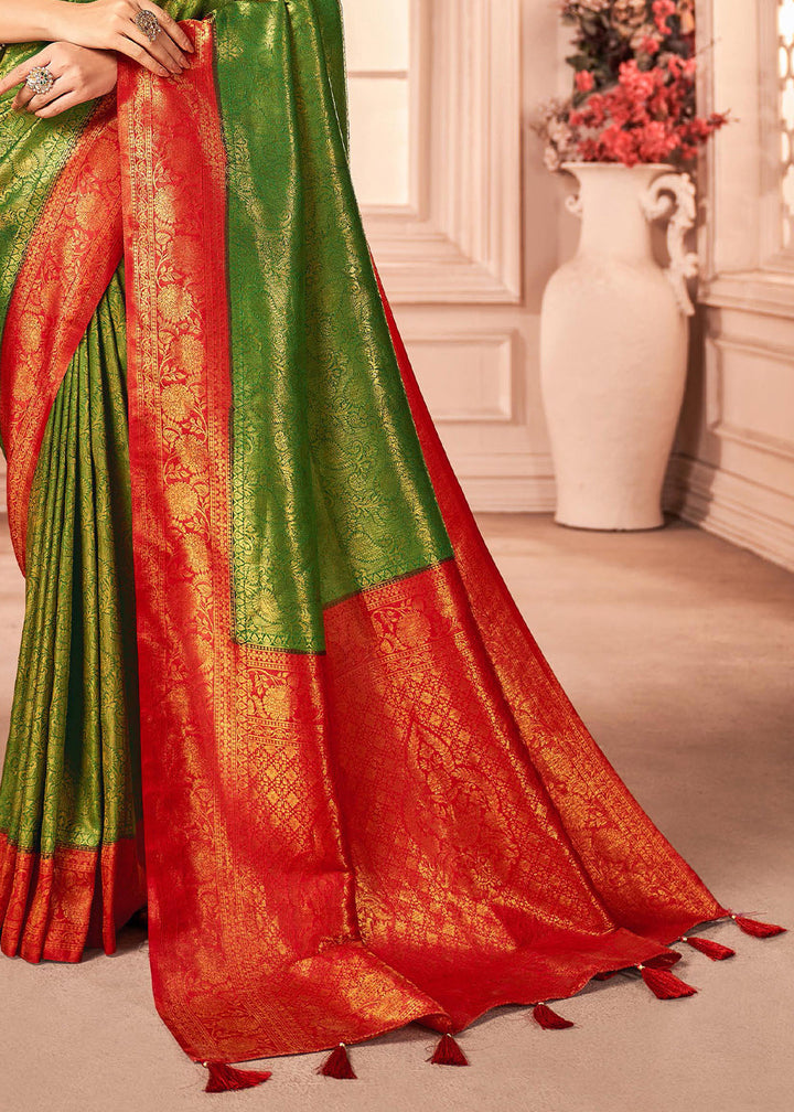 Green & Red Zari Woven Designer Silk Saree