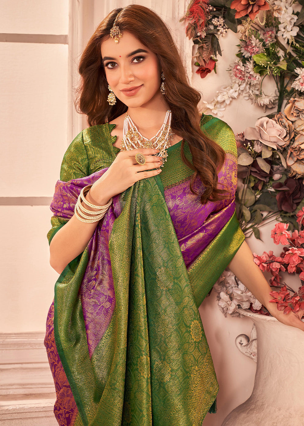 Purple & Green Zari Woven Designer Silk Saree